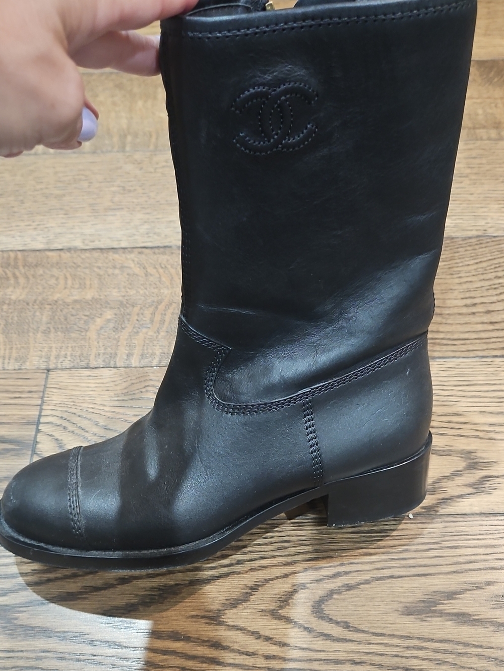 CHANEL Black Leather Mid-Calf Heeled Boot